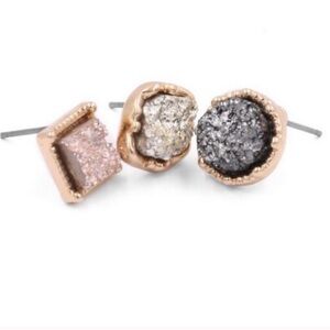 ✨ Druzy Style Stud Earrings Set of 3 | Pink, Silver, & Goldtone